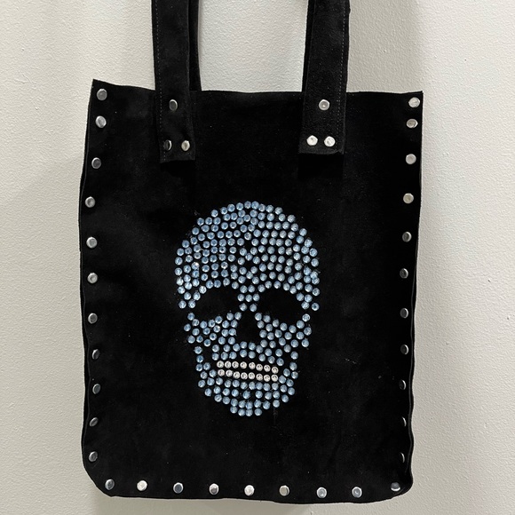 Handcrafted Black Suede Tote with Blue and White Rhinestone Skull - Picture 3 of 9